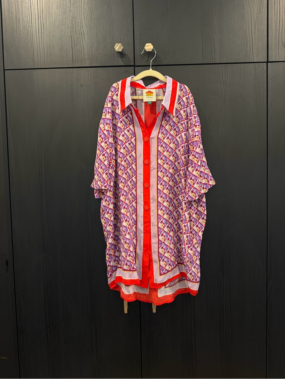 FARM Rio Purple Patterned Button-Up Blouse with Red Trim